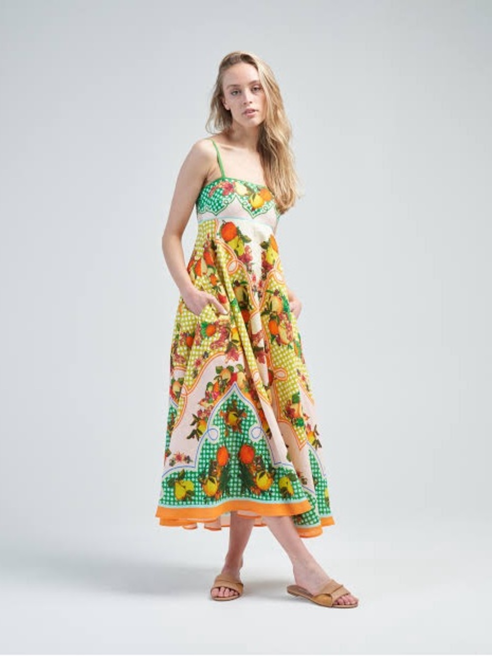 Floral Fruit-Print Spaghetti Strap Midi Dress in Green & Orange